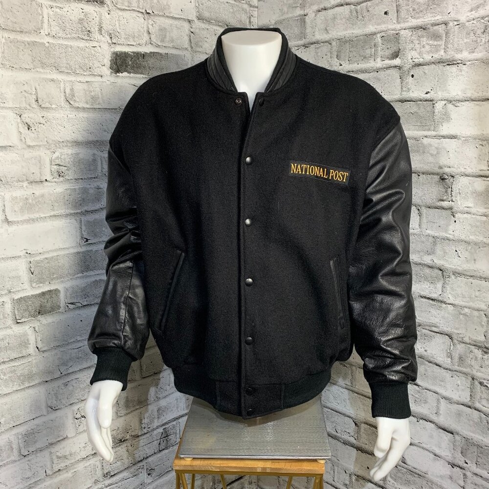 Vintage Varsity Bomber Jacket Mens L Black Wool Leather Letterman National Post